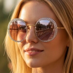 Gucci Designer Pink Round Sunglasses Frameless Diamond Special Gold Hands Italy
